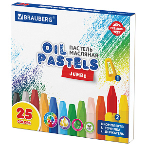 пастель масляная восковые мелки утолщенные 25 цветов с точилкой и держателем, brauberg premium