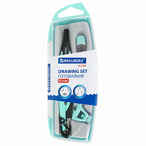 готовальня  4 предмета: циркуль 135 мм, запасной грифель, насадка, мятный цвет, 21082